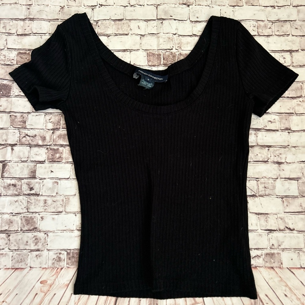 Black French Connection Ribbed Scooped Neck Top Size S